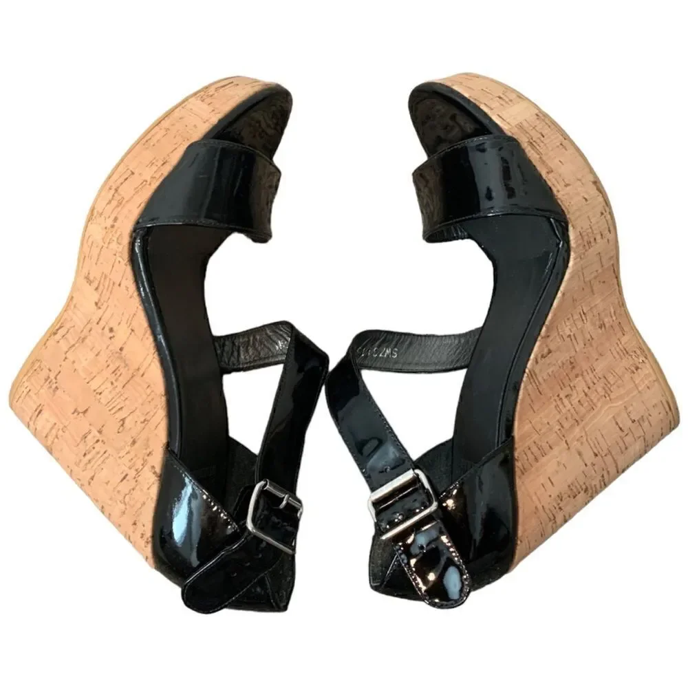 Stuart Weitzman Black Patent Leather Wedge Sandal Size 9.5 - Picture 10 of 14